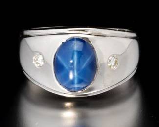Ladies Gold, Blue Star Lindy Sapphire and Diamond Ring