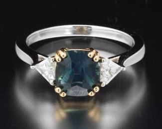 Ladies TwoTone Gold, Teal Sapphire and Diamond Ring
