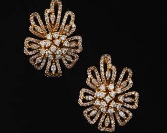 Ladies Pair of Gold and Diamond Floral Earrings