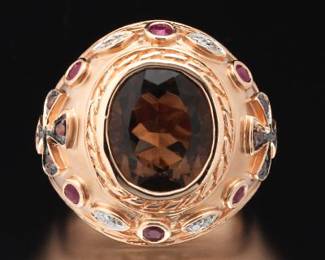 Ladies Gold, Smoky Quartz, Ruby and Diamonds Ring
