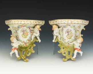 Pair of German Porcelain Wall Brackets with Putti and Floral Decoration