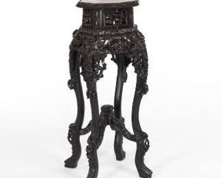 Chinese Carved Rosewood Stand with Inset Marble Top