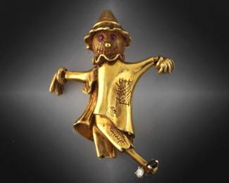 Exquisite Vintage Gold, Diamond and Gem Stones Scarecrow Pin Brooch