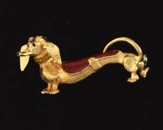 Ladies Italian Gold and Enamel Dachshund Dog Pin Brooch