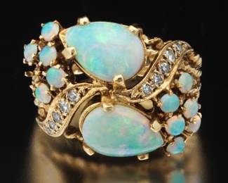14K Opal Cluster and Diamond Ring