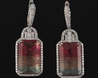 Art Deco Style BIcolored Tourmaline and Diamond Earrings in .900 Platinum