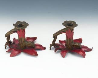 Pair of Bronze Enameled Candleholders