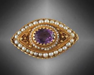 Victorian Style Gold, Amethyst, and Pearl Brooch