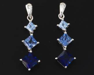 Ladies Pair of Gold, Lab Grown Blue Sapphire Dangle Earrings