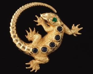 Elegant Gold and Gem Stones Lizard Pin Brooch