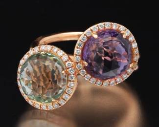 Ladies Gold, Green and Purple Amethyst and Diamond Bypass Ring