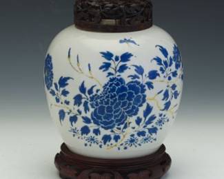 Chinese Porcelain Enamelled Jar with Carved Lid and Stand