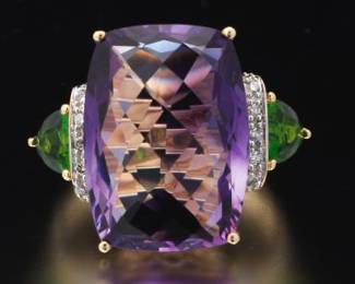 Ladies Gold, Amethyst and Chrome Diopside Ring