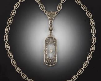 Art Deco Gold, Camphor Glass and Diamond Lavaliere Necklace