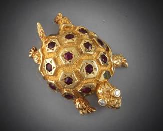 Ladies Gold, Ruby and Diamond Turtle Pin Brooch