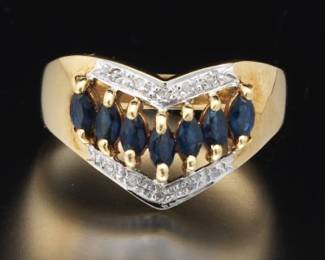 Ladies Gold, Blue Sapphire and Diamond Chevron Ring