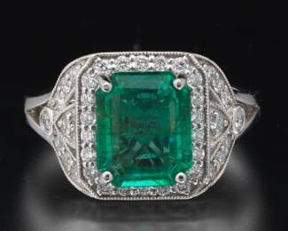 Platinum Emerald and Diamond Ring