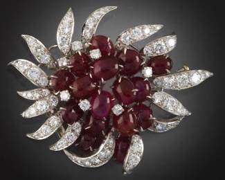 French Exquisite Platinum, Diamond and Burma Not Heat Ruby Clip Brooch