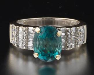 Ladies 18k Blue Zircon and Diamond Ring