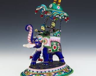 Near Antique Mughal Style Meenakari Silver, Enamel and Paste Gems Elephant Sculpture with Howdah
