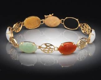 Ladies Chinese Gold, Multicolor Jade and Black Onyx Bracelet