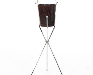 BOLTA U.S.A. MCM Bakelite Faux Tortoise Shell and Steel Ice Bucket on Tripod Stand
