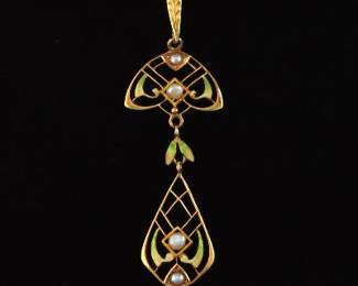 Art Nouveau Gold, Enamel and Seed Pearl Pendant on Chain