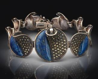 Ladies Artisan Sterling Silver, Marcasite and Lapis Lazuli Unique Bracelet