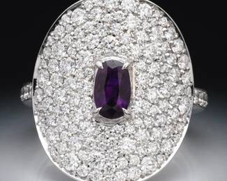 Kat Florence 18k White Gold Ring with No Heat Kashmir Purple Sapphire and Diamonds