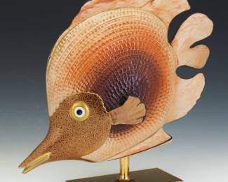 Giulia Mangani Monumental Porcelain Fish Sculpture on Brass Stand, Ogetti, Italy