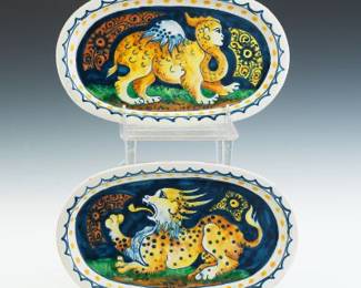 Pair of Italian Maiolica Plaques with Grotesque Beasts