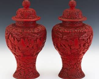 Chinese Pair of Cinnabar Lidded Vases, Late Qing