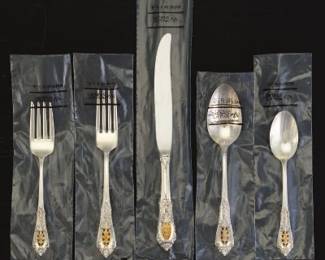 Wallace Gold Accent Sterling Flatware Service for Twelve, Rosepoint Pattern