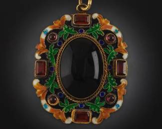 Exquisite Tudor Style Gold Vermeil Silver, Enamel and Gem Stones Pendant on Gold Filled Chain