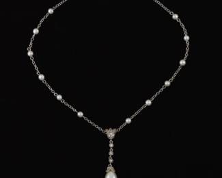 Ladies Victorian Style Gold, Pearl and Diamond Lavaliere Necklace