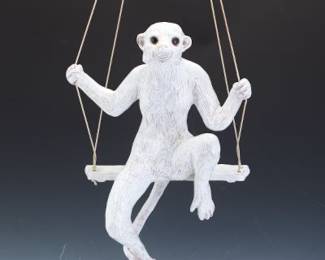 Poterie du Mesnil de Bavent French Life Size Faience Monkey on a Swing Sculpture, Mid. 20th century