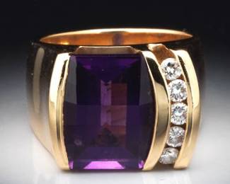 Ladies Gold, Amethyst and Diamond Modern Ring