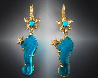 Tagliamonte Italian Gold, Murano Glass and Turquoise Seahorse Earrings