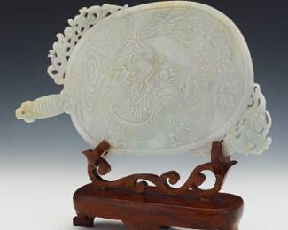 Chinese Carved Dragon and Phoenix Jadeite Jade Table Screen on Carved Wood Stand