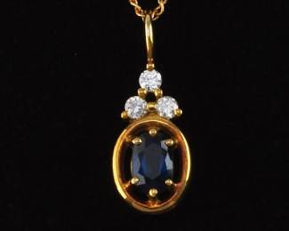 Ladies Gold, Blue Sapphire and Diamond Pendant on Chain