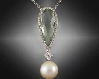 Ladies Gold, Green Quartz, Pearl and Diamond Pendant on Chain
