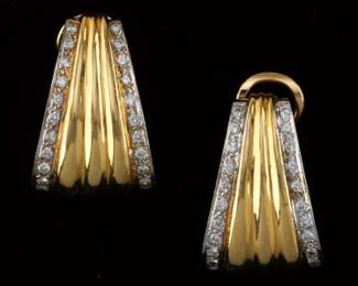 Ladies Pair of TwoTone Gold and Diamond J Style Fan Earrings