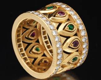 Vintage Cartier French Tanjore Diamond Ruby Emerald 18K Ring