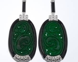 Art Deco Style 14K White Gold Jade Diamond Onyx Earrings
