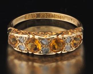 Victorian English Birmingham 18K Gold, Citrine and Diamond Ring