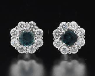 Ladies Pair of Gold, Teal Sapphire and Diamond Earrings