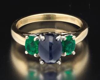 Ladies Gold, Blue Sapphire and Emerald Ring