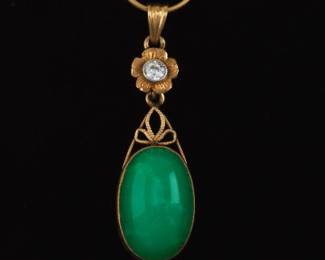 Ladies Antique Gold, Chrysoprase and Diamond Pendant on Snake Chain