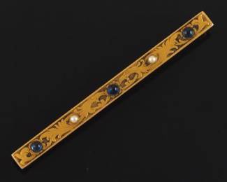 Edwardian Gold, Pearl, and Sapphire Bar Brooch