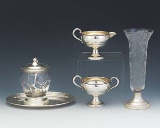 Five Sterling Silver and Glass Table Objects, by Different Makers